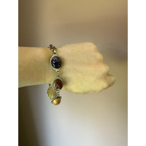 Sterling Silver Link Purple Stichtite Gemstone Bracelet Toggle Clasp Vtg Western - Picture 2 of 16